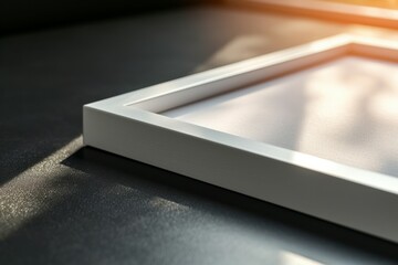 A modern white frame mock-up captured up close on a matte black surface, creating a sleek and contemporary mood. Sunlight gently grazes the frame, emphasizing its clean lines and elegance...