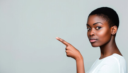 black beautiful woman points finger highlighting or giving directions on copy space - obrazy, fototapety, plakaty