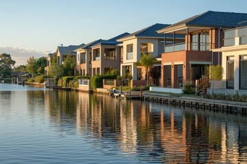 The idyllic sight of modern brick houses lining the water in a family-friendly suburban enclave, soft ambient light during the afternoon accentuates the charm of this waterfront community. - obrazy, fototapety, plakaty