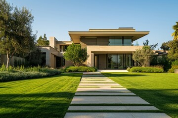 Fototapeta na wymiar The exterior of a luxurious single-family home with minimalist architecture, surrounded by a manicured lawn and geometrically arranged garden features. Soft daylight enhances the elegance...