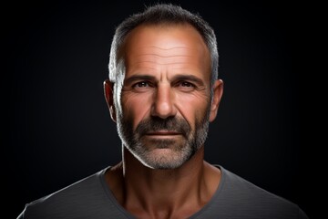 Portrait of a handsome mature man with beard and mustache over black background.