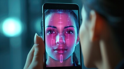 Closeup of a smartphone displaying a video of a 3D face scan, being used for a comprehensive skin analysis with the app.