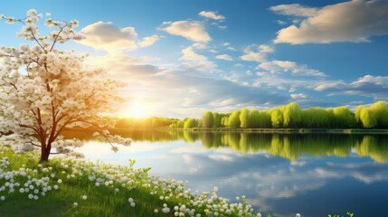 nature sun spring background illustration ny warm, flowers green, blue sky nature sun spring background