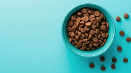 holistic dog kibble, serene blue background,