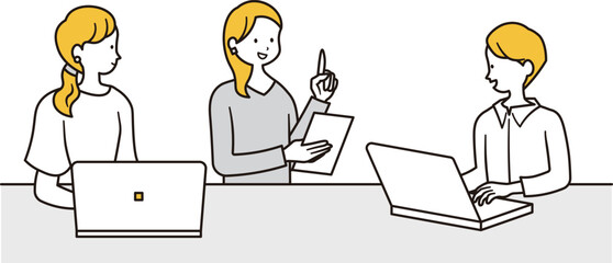打ち合わせをする2人の女性会社員と男性会社員のイラスト素材