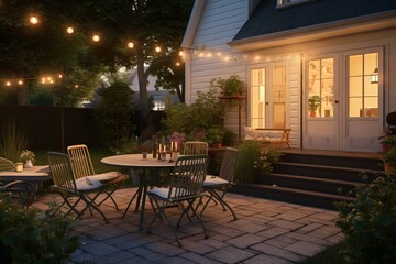 Fototapeta na wymiar Cozy backyard modern home festooned with garlands in evening, place to relax, generative ai.