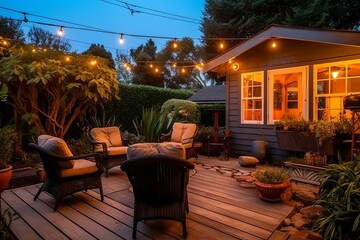 Cozy backyard modern home festooned with garlands in evening, place to relax, generative ai.