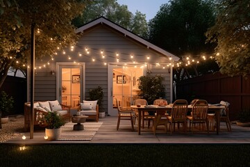 Cozy backyard modern home festooned with garlands in evening, place to relax, generative ai. - obrazy, fototapety, plakaty