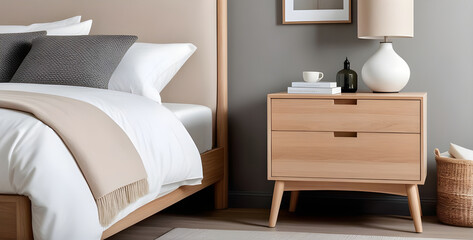 Wooden bedside drawer nightstand near bed. interior design of modern bedroom.