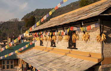 Rows of corn cobs hanging outside the local house in Ghandruk village of Nepal. Corn are used as...
