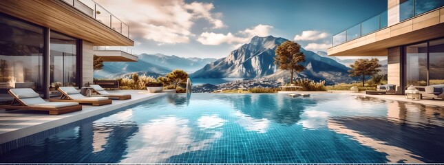 Fototapeta na wymiar Luxury resort spa pool with mountain views, generative ai.