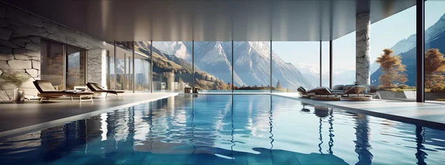 Fotobehang Luxury resort spa pool with mountain views, generative ai. © inspiretta