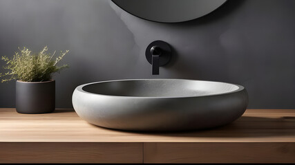 stone round sink on rustic wooden counter and black wall mounted faucet. Minimalist interior design of modern bathroom.