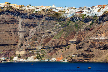 Santorini island. Greece. Wall of the Minoan caldera, with town of Thira