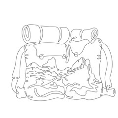 Camping backpack. High peak. Mountain landscape.Double exposure. Picture in picture.Continuous one line drawing. Lineart vector illustration.