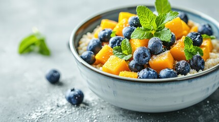Tasty millet porridge with blueberries, pumpkin and mint in bowl on gray table