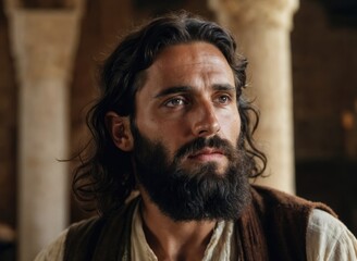 Obraz premium Close up of Jewish Man's face - Jesus of Nazareth photo, with brown hair and skin, and piercing gaze