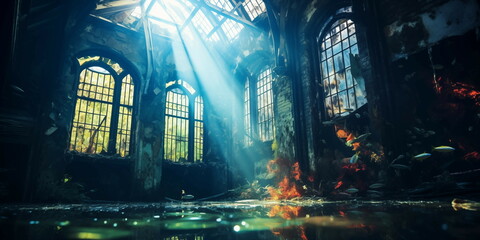 Abandoned factory interior, underwater, with colored rays of light entering by stained glass windows, in a gothic style