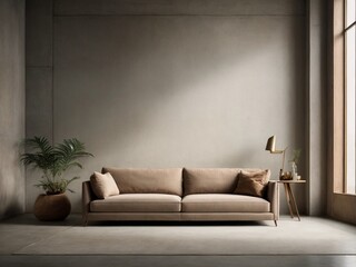 Indoor interior wall room with furniture and sofa, plain concrete background wallpaper 