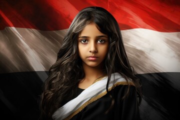 a Arab girl in Yemen flag background. AI generative