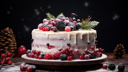 Christmas cake with berries and fir tree