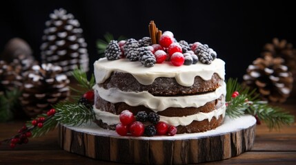 Christmas cake with berries and fir tree