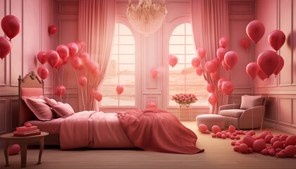 Romantic bedroom with a Valentine's Day feel. Pink romantic room decoration with floating balloons and gift boxes.