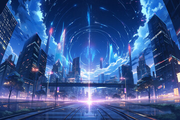 アニメ風の夜の都市の風景イラスト