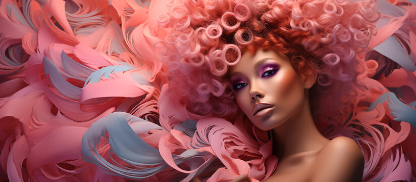 Portrait of beautiful woman with colorful spiral hair with make-up , Fashion design art concept. Generative AI