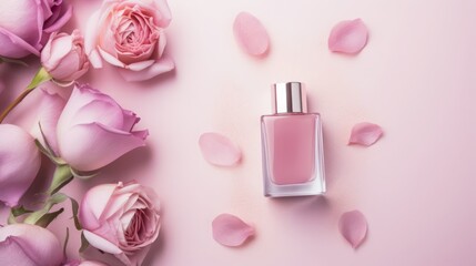 Obraz na płótnie Canvas Perfume Bottle Amidst Beautiful Red Roses