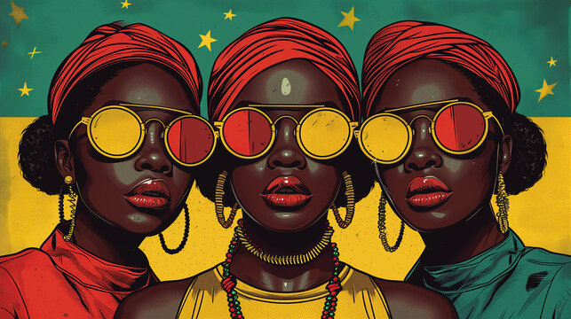 illustration of a vibrant and colorful image featuring a group of African women with their bodies painted in various colors for black history month.