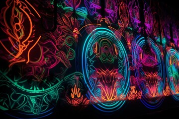 vibrant and lively backdrop featuring glowing neon patterned patterns. Generative AI