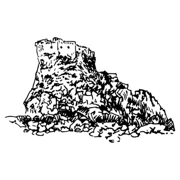 Mussomeli Castle or Chiaramonte Castle in Sicily, Italy. Hand drawn linear doodle rough sketch. Black and white silhouette.