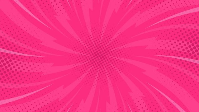 Pink Comic background animation, vintage pop art background, with animated radial rays and dots pattern. Motion graphics and digital composition