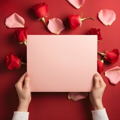 Two Hands Holding a Piece of Paper in Valentine Background Mockup