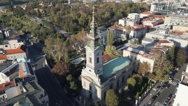 Aerial footage of Saborna crkva church in central Belgrade, Serbia. Flying backwards.