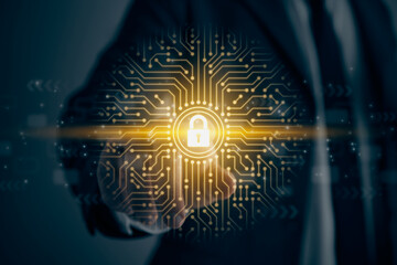 Businessman Touch Screen and Lock Security Technology Concept Icon in Vintage Tone