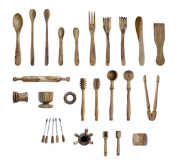 Olive wood kitchen utensil selection isolated on transparent background. Set of wooden kitchen...