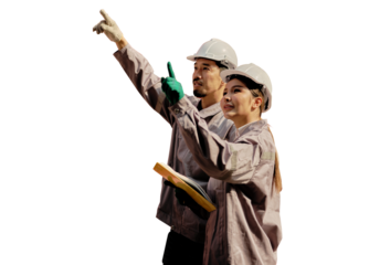 Male and Female worker or Engineer wearing safety helmet and on transparent background