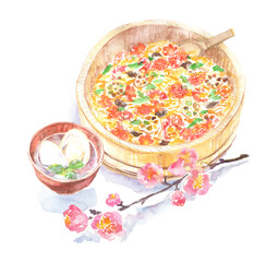 水彩で描いたちらし寿司と蛤のお吸い物のイラスト