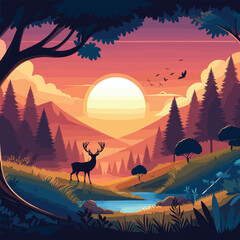 Free vector Landscape with the forest at sunset with deer