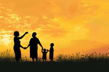 Rear view of an African American family holding hands enjoying a sunset on a small hill.