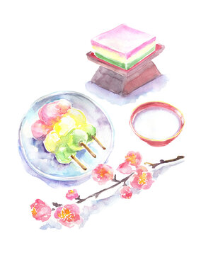 水彩で描いた三色団子とひし餅と桃の花のイラスト