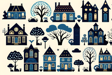 Various types of houses in pattern form. Generative AI.