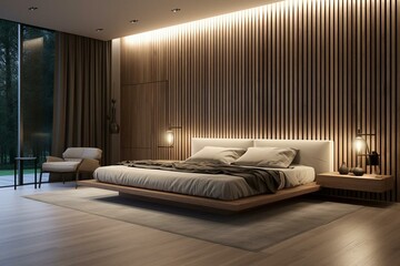 Contemporary bedroom with wooden slat wall and night lighting. Generative AI