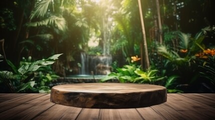 Wooden Podium With Forest Waterfall Background