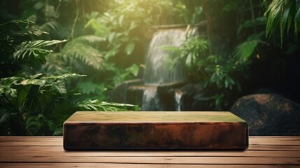 Wooden Podium With Forest Waterfall Background