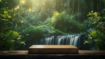 Wooden Podium With Forest Waterfall Background