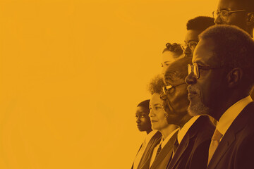 A group of people on a yellow background concept of ethnic diversity.