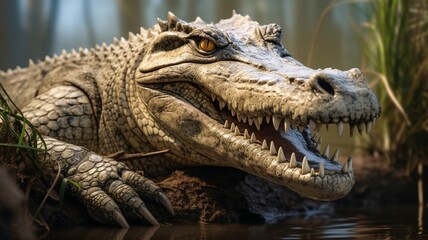 Fototapeta premium Menacing Crocodile Emerging from Dark Waters with Sinister Glare - AI-Generative